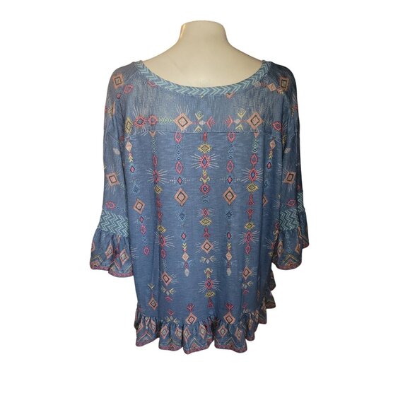 Boho-Chic V-Neck Ruffle Hem Top With Aztec-Inspired Print By Weekend Suzanne Bet - Picture 3 of 8